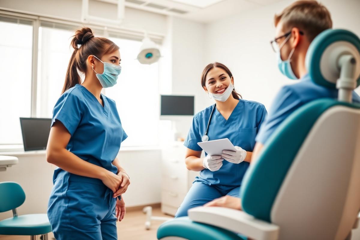 Dental professionals collaborating in a modern clinic