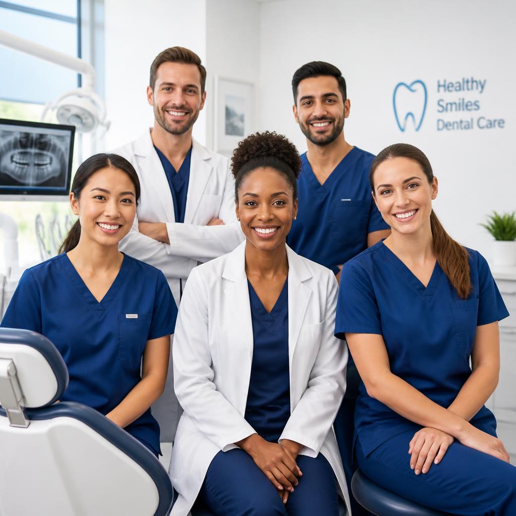 A diverse team of dental professionals smiling in a modern clinic