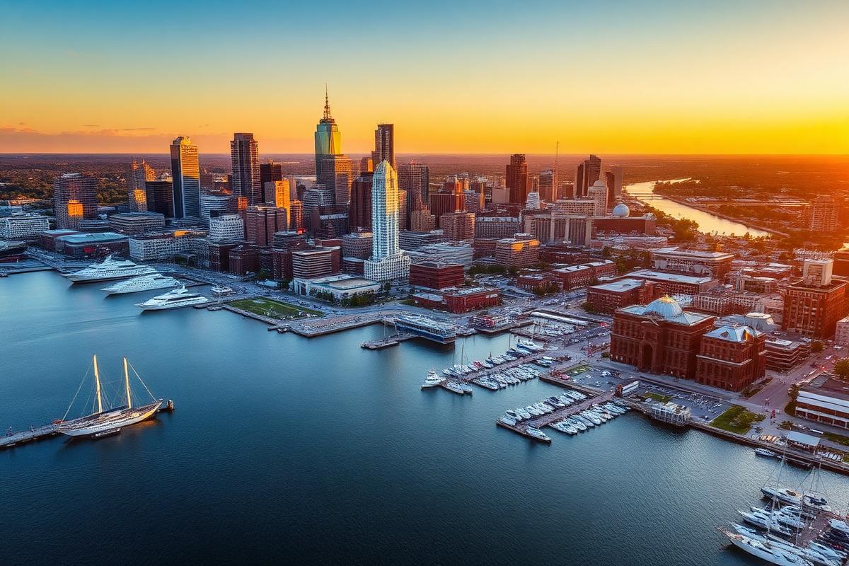 Aerial view of Baltimore harbor and skyline at sunset